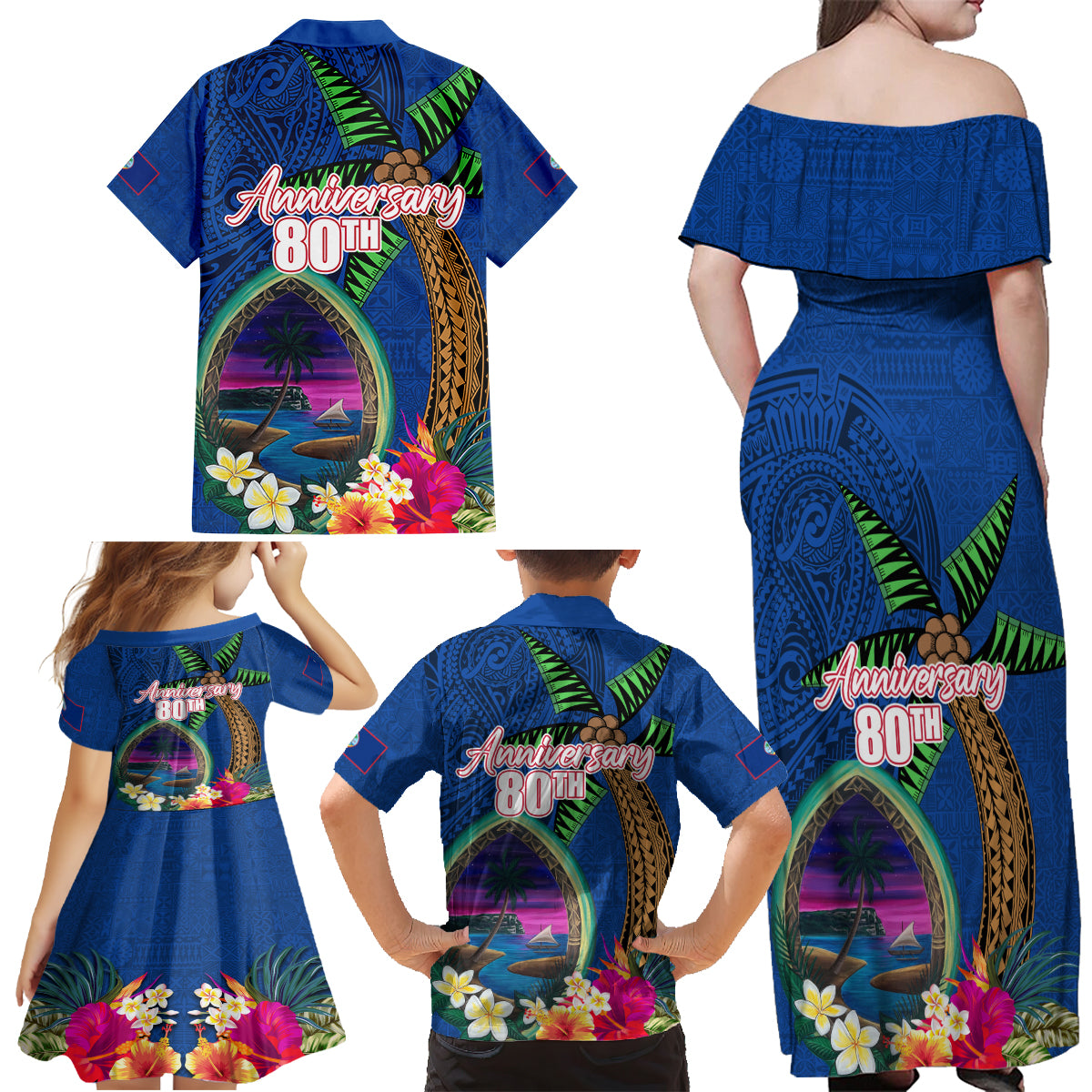 Guam Liberation Day 80th Anniversary Family Matching Off Shoulder Maxi Dress and Hawaiian Shirt Palm Tree and Seal Artwork Hibiscus Polynesian Pattern LT03 - Polynesian Pride