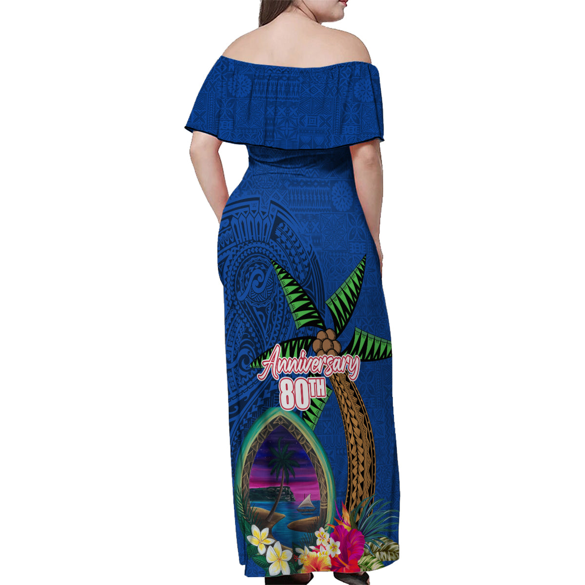 Guam Liberation Day 80th Anniversary Family Matching Off Shoulder Maxi Dress and Hawaiian Shirt Palm Tree and Seal Artwork Hibiscus Polynesian Pattern LT03 - Polynesian Pride
