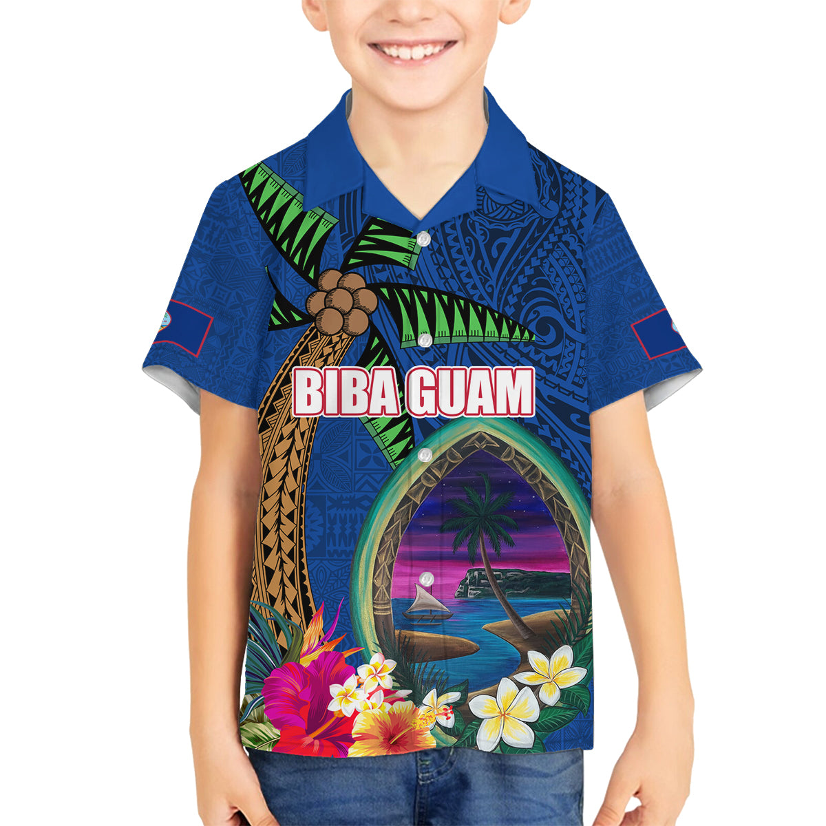 Guam Liberation Day 80th Anniversary Family Matching Off Shoulder Maxi Dress and Hawaiian Shirt Palm Tree and Seal Artwork Hibiscus Polynesian Pattern LT03 Son's Shirt Blue - Polynesian Pride