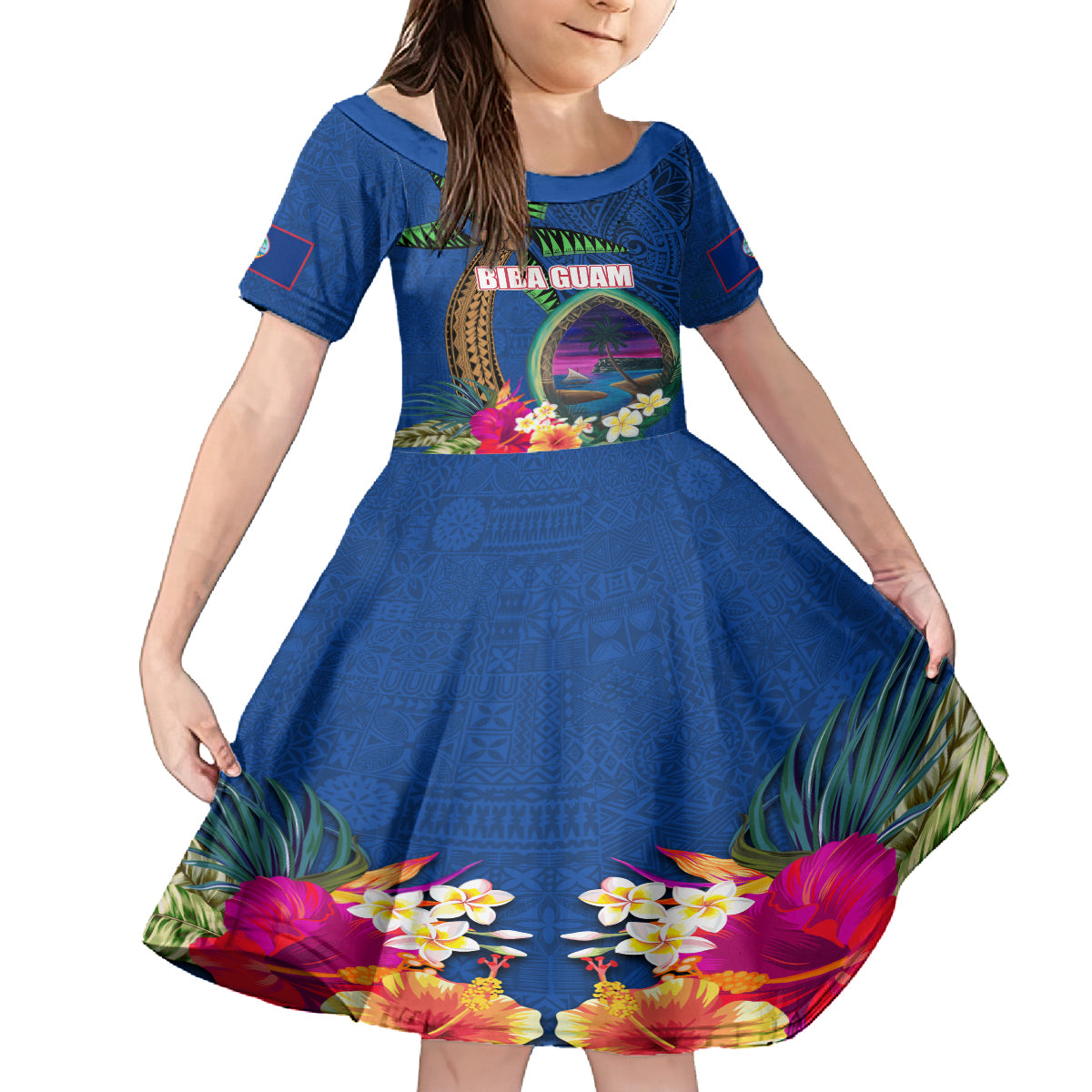 Guam Liberation Day 80th Anniversary Family Matching Off Shoulder Short Dress and Hawaiian Shirt Palm Tree and Seal Artwork Hibiscus Polynesian Pattern LT03 Daughter's Dress Blue - Polynesian Pride