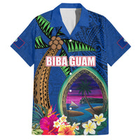 Guam Liberation Day 80th Anniversary Family Matching Off Shoulder Short Dress and Hawaiian Shirt Palm Tree and Seal Artwork Hibiscus Polynesian Pattern LT03 Dad's Shirt - Short Sleeve Blue - Polynesian Pride