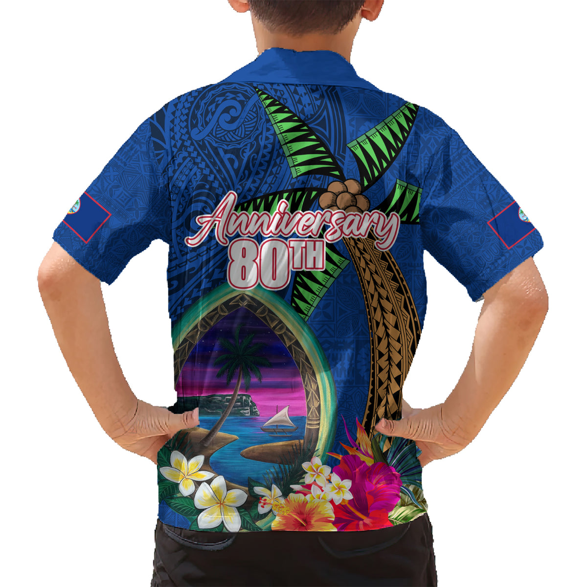 Guam Liberation Day 80th Anniversary Family Matching Short Sleeve Bodycon Dress and Hawaiian Shirt Palm Tree and Seal Artwork Hibiscus Polynesian Pattern