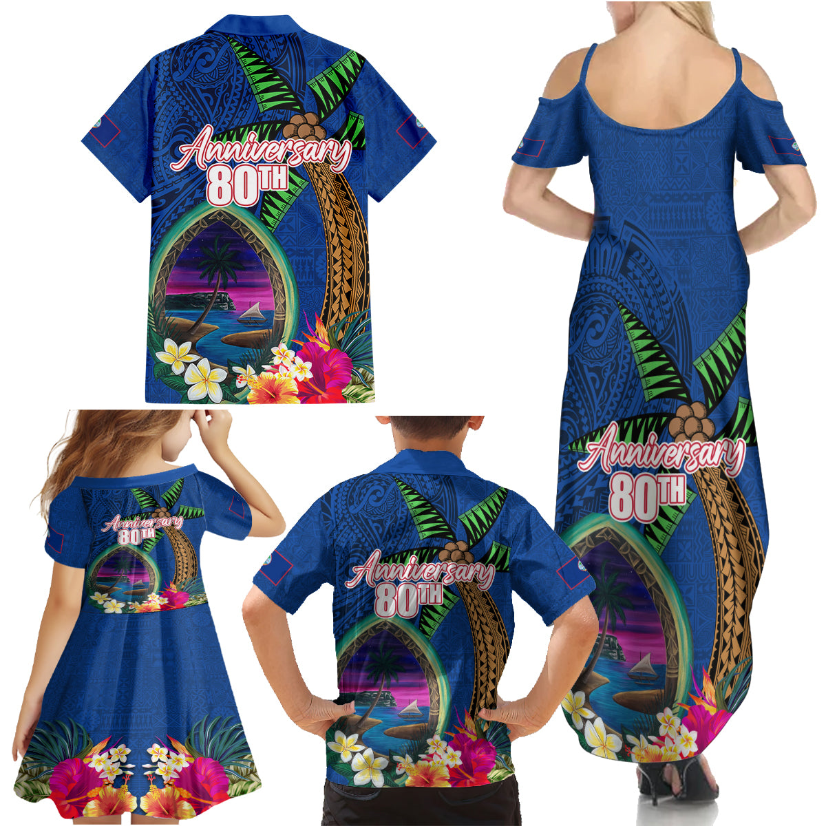 Guam Liberation Day 80th Anniversary Family Matching Summer Maxi Dress and Hawaiian Shirt Palm Tree and Seal Artwork Hibiscus Polynesian Pattern LT03 - Polynesian Pride