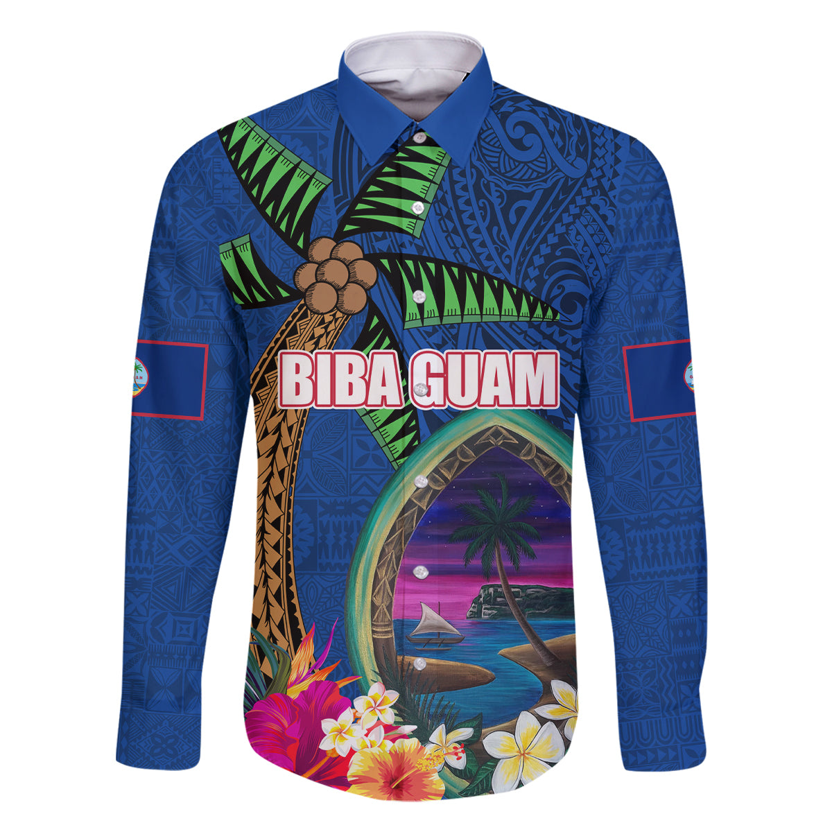 Guam Liberation Day 80th Anniversary Family Matching Summer Maxi Dress and Hawaiian Shirt Palm Tree and Seal Artwork Hibiscus Polynesian Pattern LT03 Dad's Shirt - Long Sleeve Blue - Polynesian Pride