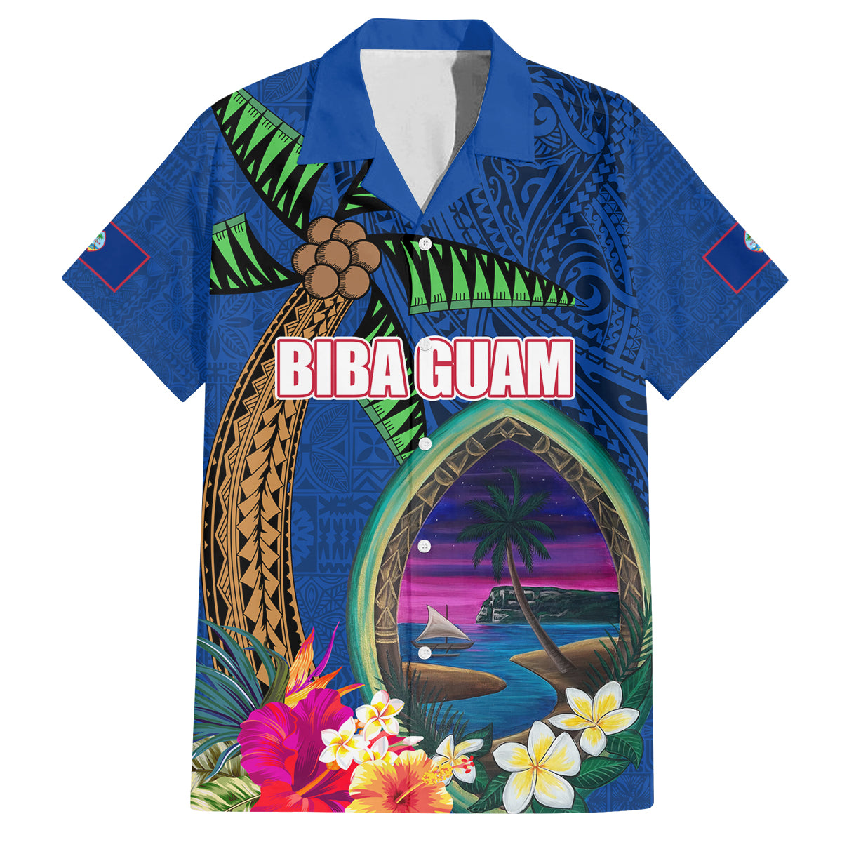 Guam Liberation Day 80th Anniversary Family Matching Tank Maxi Dress and Hawaiian Shirt Palm Tree and Seal Artwork Hibiscus Polynesian Pattern LT03 Dad's Shirt - Short Sleeve Blue - Polynesian Pride