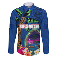 Guam Liberation Day 80th Anniversary Family Matching Tank Maxi Dress and Hawaiian Shirt Palm Tree and Seal Artwork Hibiscus Polynesian Pattern LT03 Dad's Shirt - Long Sleeve Blue - Polynesian Pride