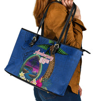 Guam Liberation Day 80th Anniversary Leather Tote Bag Palm Tree and Seal Artwork Hibiscus Polynesian Pattern