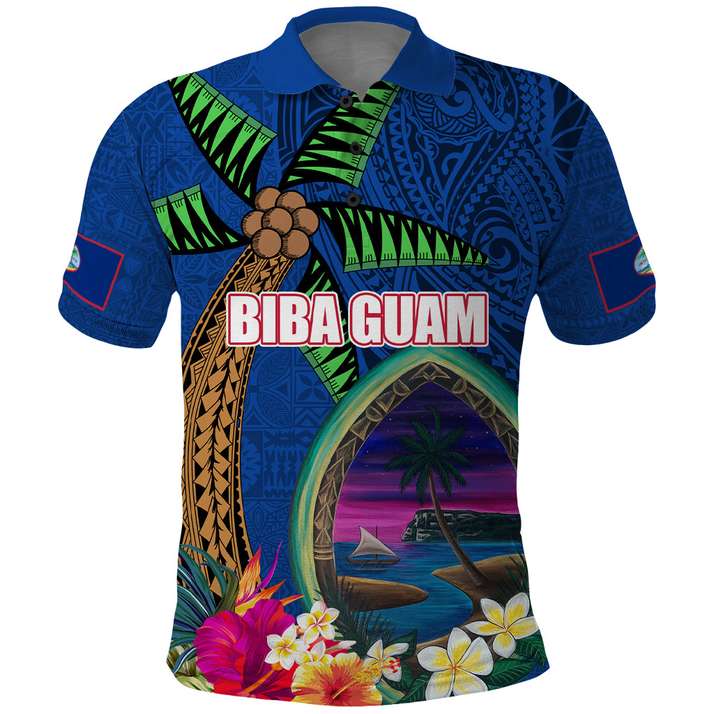 Guam Liberation Day 80th Anniversary Polo Shirt Palm Tree and Seal Artwork Hibiscus Polynesian Pattern