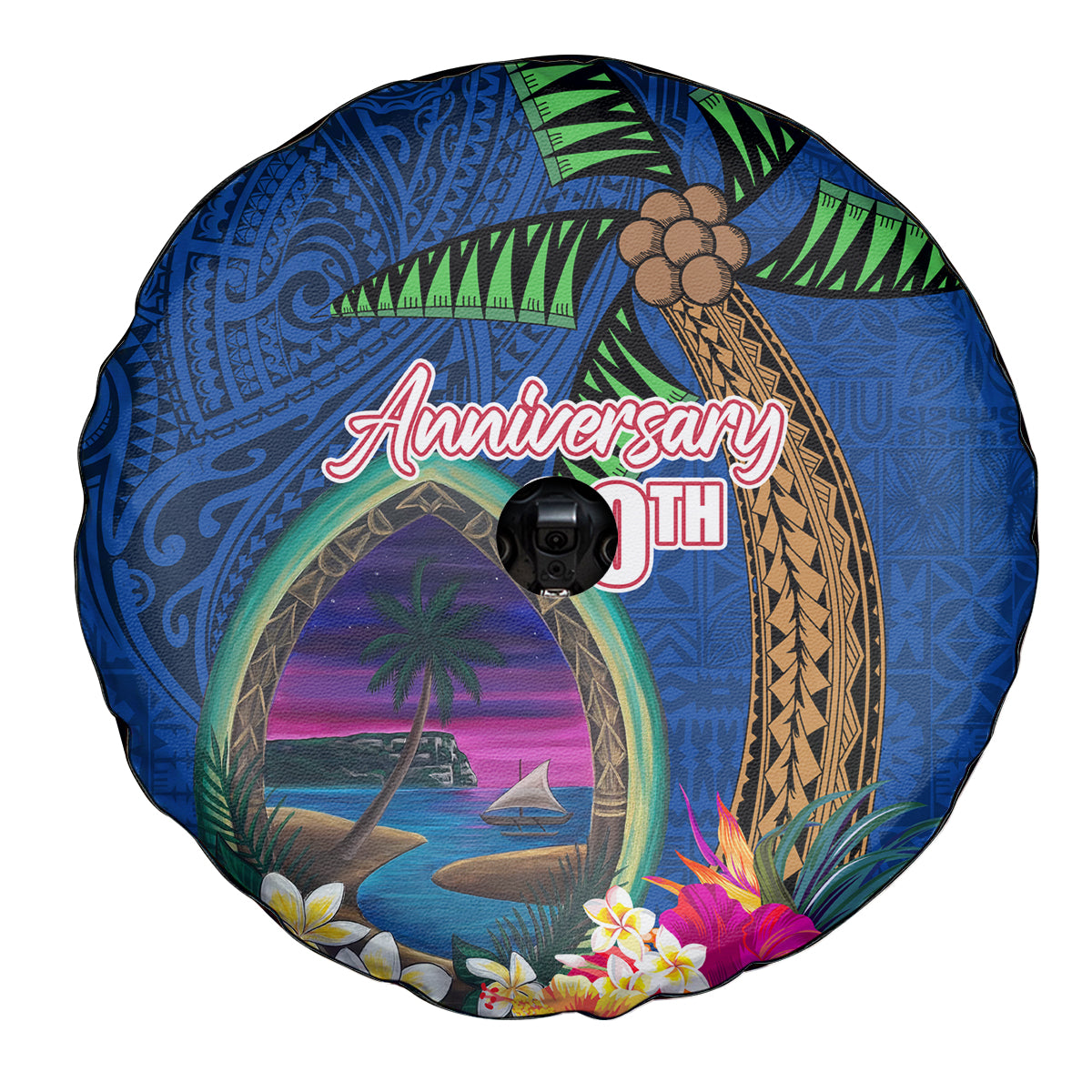 Guam Liberation Day 80th Anniversary Spare Tire Cover Palm Tree and Seal Artwork Hibiscus Polynesian Pattern