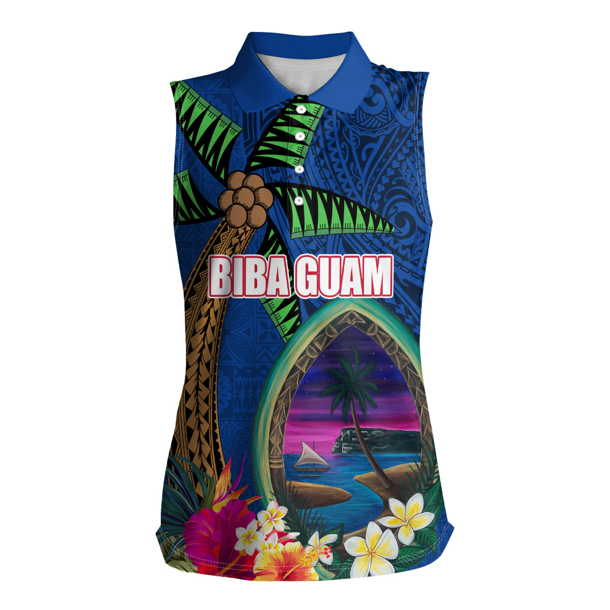 Guam Liberation Day 80th Anniversary Women Sleeveless Polo Shirt Palm Tree and Seal Artwork Hibiscus Polynesian Pattern