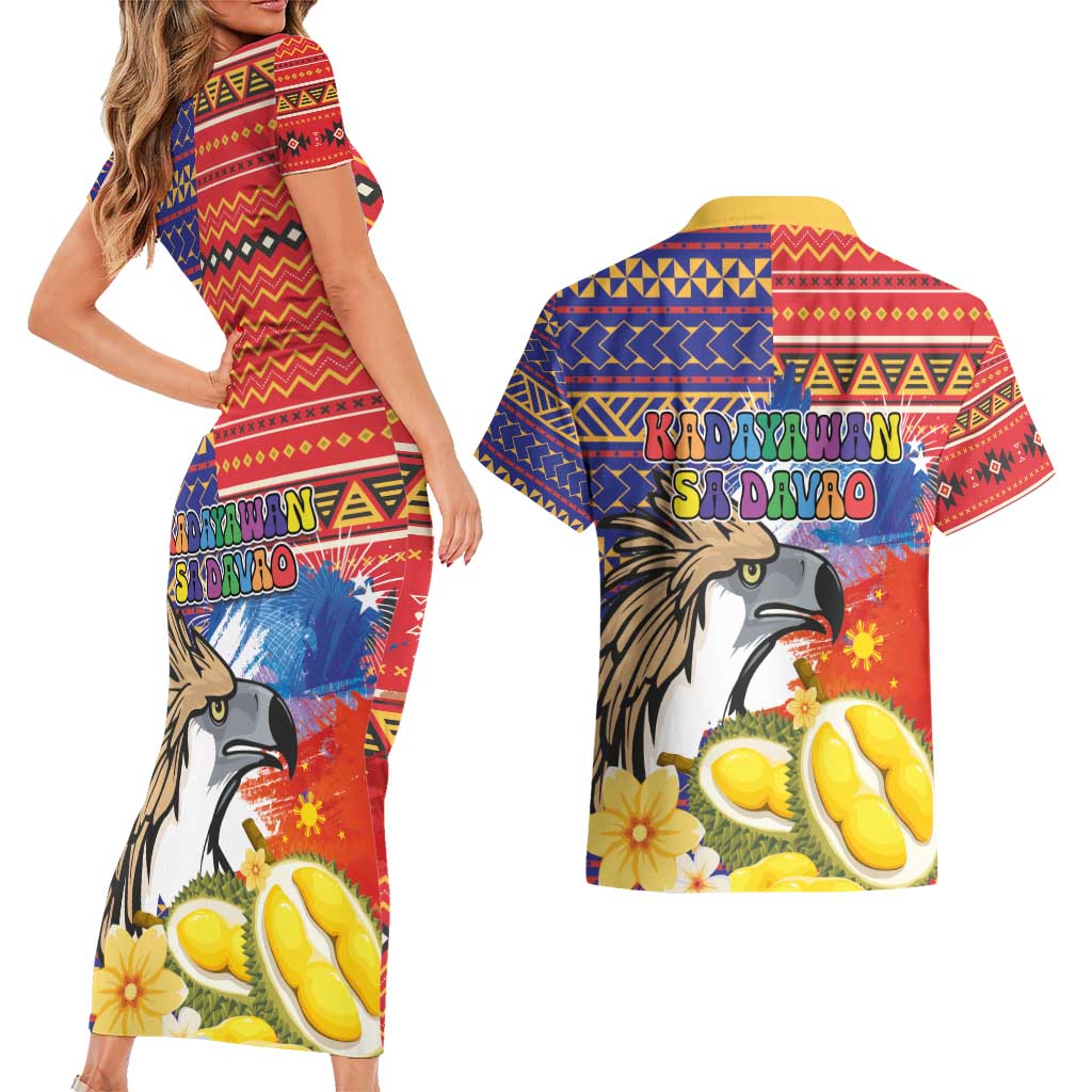Philippines Kadayawan Couples Matching Short Sleeve Bodycon Dress and Hawaiian Shirt Filipino Eagle Durian with Polynesian and Igorots Pattern