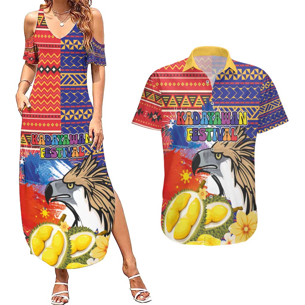 Philippines Kadayawan Couples Matching Summer Maxi Dress and Hawaiian Shirt Filipino Eagle Durian with Polynesian and Igorots Pattern