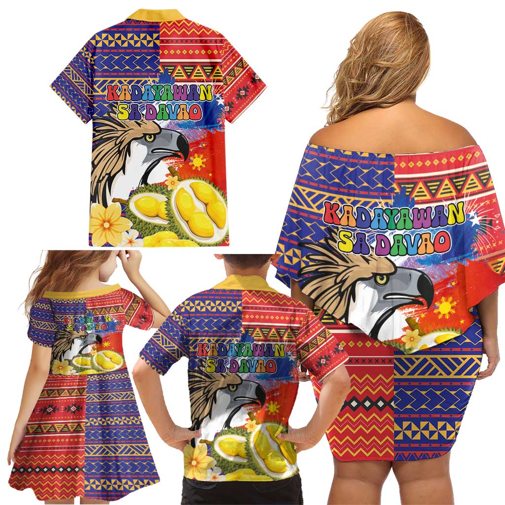 Philippines Kadayawan Family Matching Off Shoulder Short Dress and Hawaiian Shirt Filipino Eagle Durian with Polynesian and Igorots Pattern