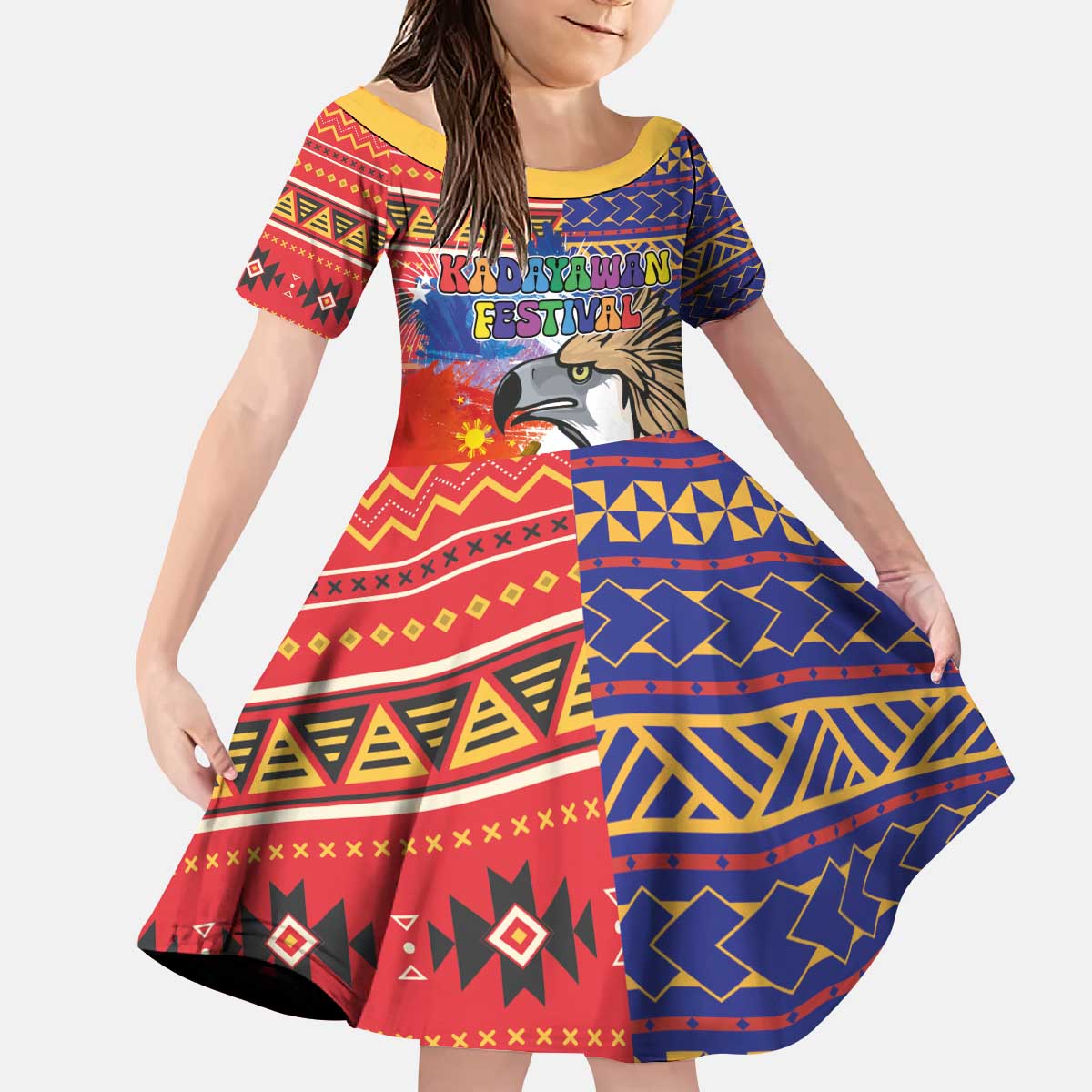 Philippines Kadayawan Kid Short Sleeve Dress Filipino Eagle Durian with Polynesian and Igorots Pattern