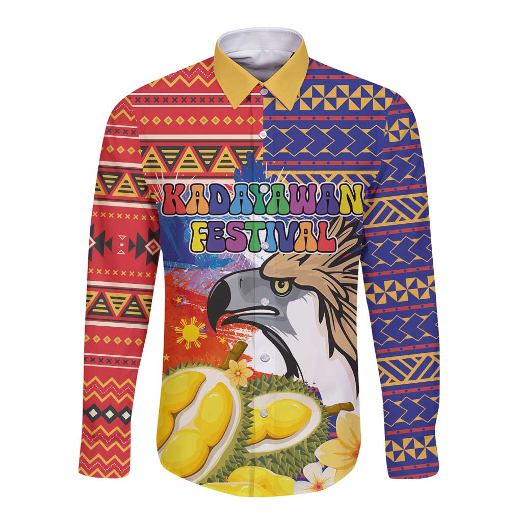 Philippines Kadayawan Long Sleeve Button Shirt Filipino Eagle Durian with Polynesian and Igorots Pattern