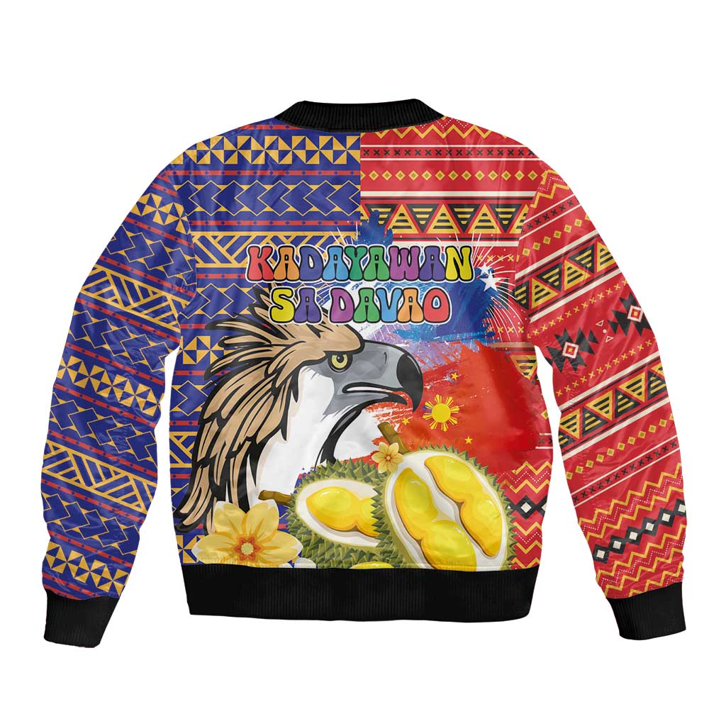 Philippines Kadayawan Sleeve Zip Bomber Jacket Filipino Eagle Durian with Polynesian and Igorots Pattern