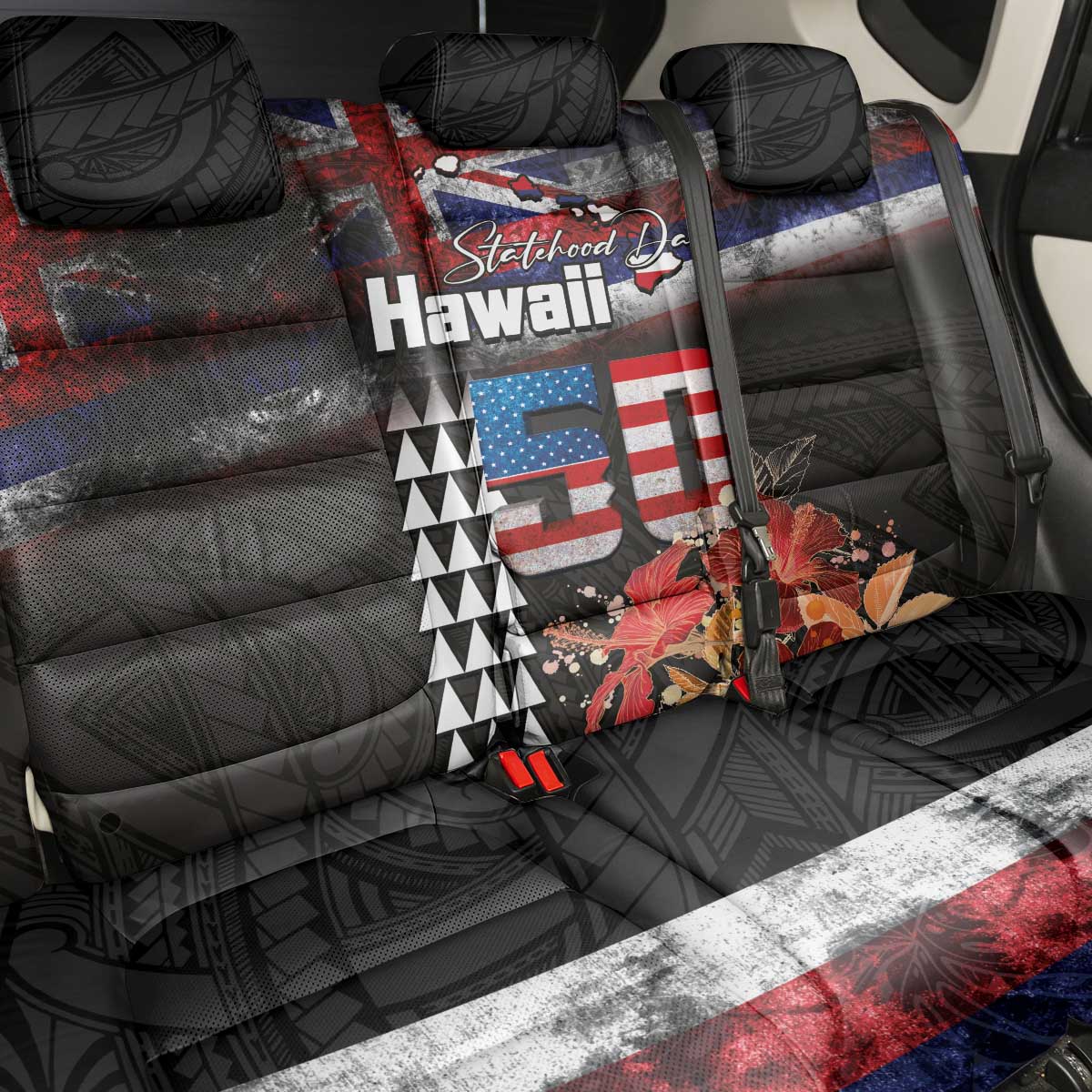 Hawaii Statehood Day Back Car Seat Cover 50th state of the United States Kakau Tattoos and Hibiscus Grunge - Polynesian Pride