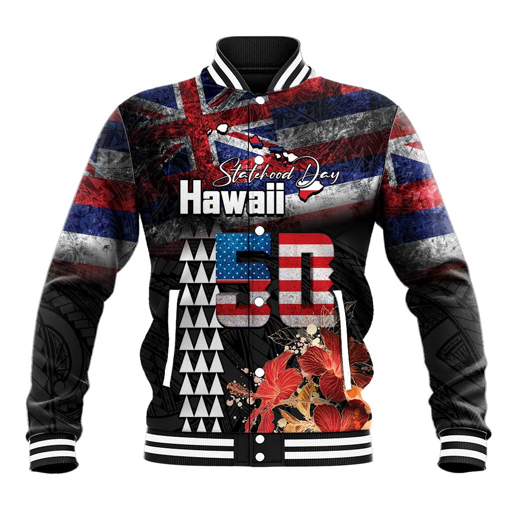 Hawaii Statehood Day Baseball Jacket 50th state of the United States Kakau Tattoos and Hibiscus Grunge - Polynesian Pride