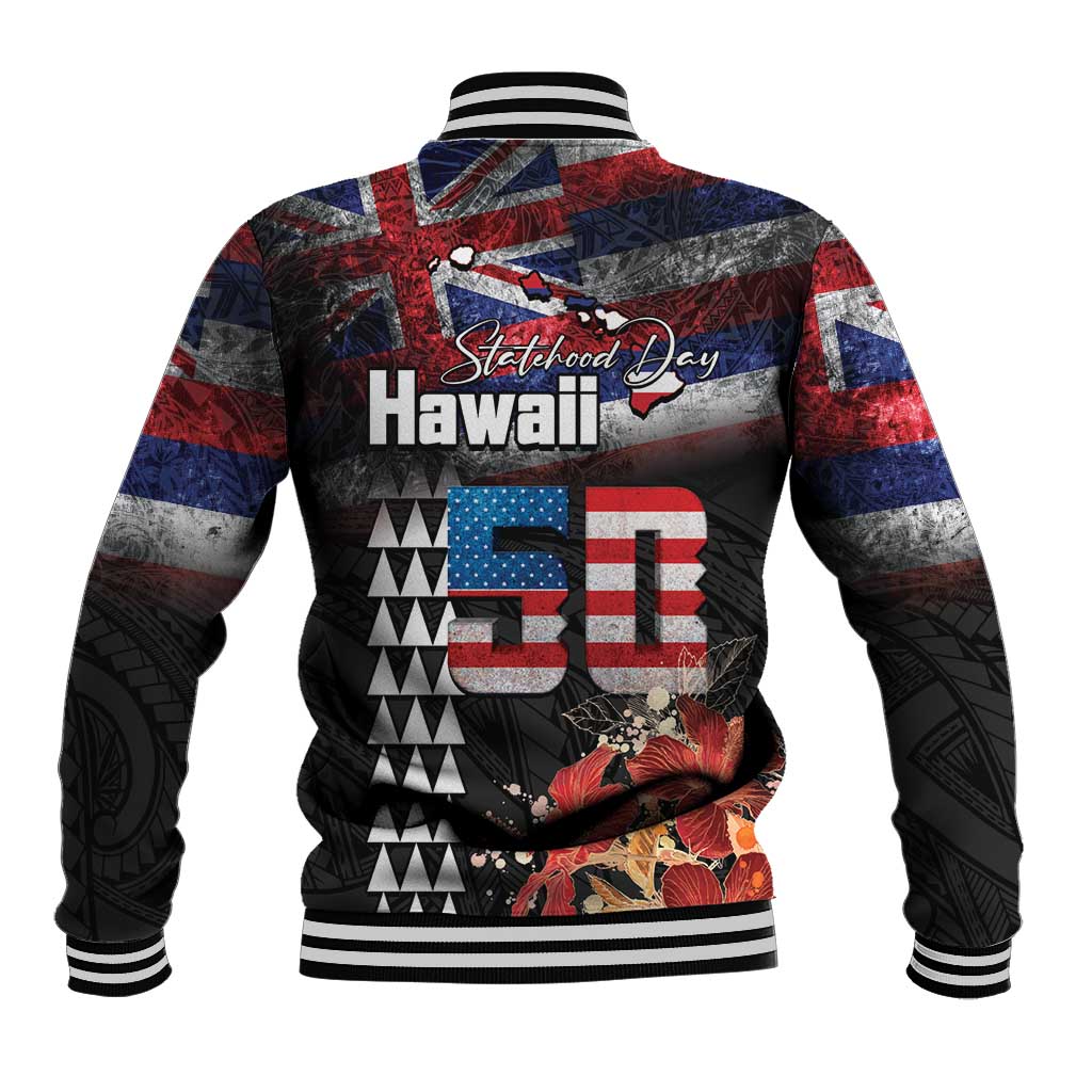 Hawaii Statehood Day Baseball Jacket 50th state of the United States Kakau Tattoos and Hibiscus Grunge - Polynesian Pride
