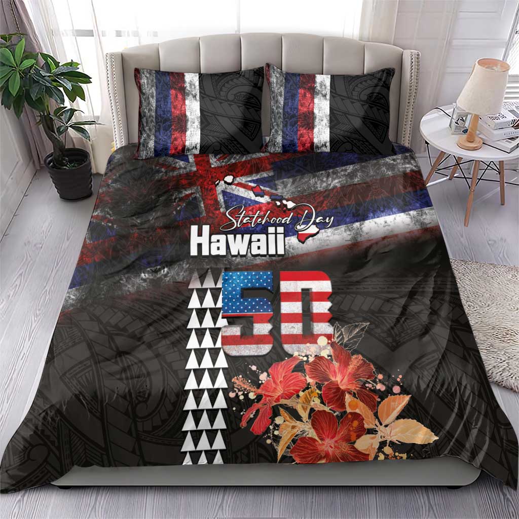 Hawaii Statehood Day Bedding Set 50th state of the United States Kakau Tattoos and Hibiscus Grunge - Polynesian Pride