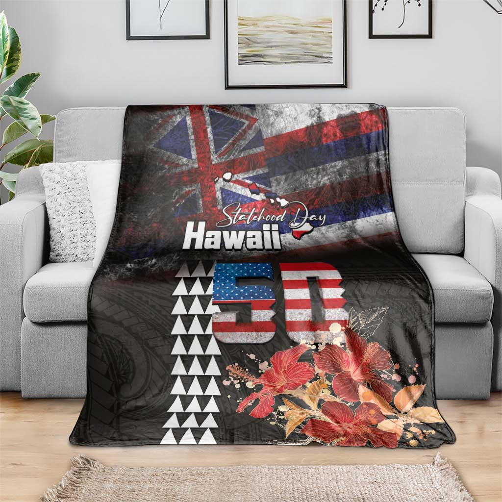 Hawaii Statehood Day Blanket 50th state of the United States Kakau Tattoos and Hibiscus Grunge - Polynesian Pride