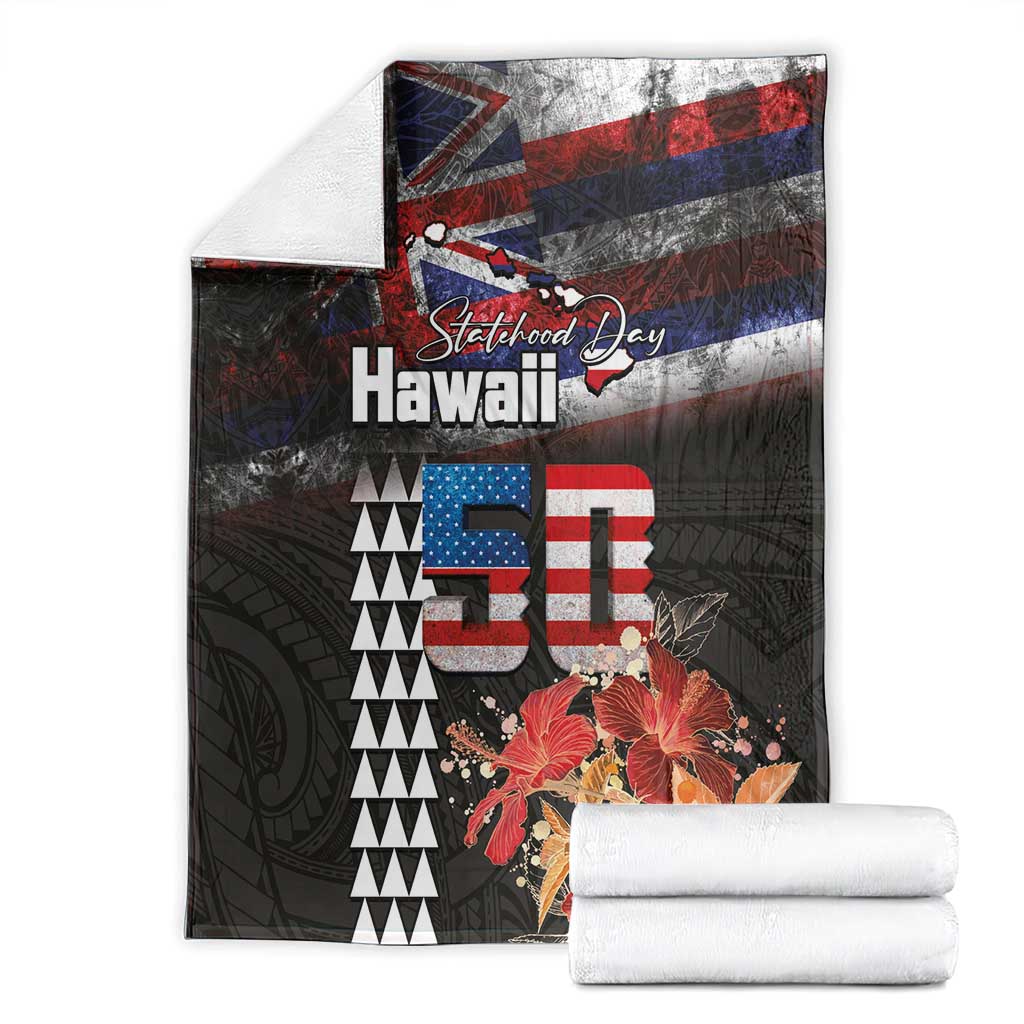 Hawaii Statehood Day Blanket 50th state of the United States Kakau Tattoos and Hibiscus Grunge - Polynesian Pride