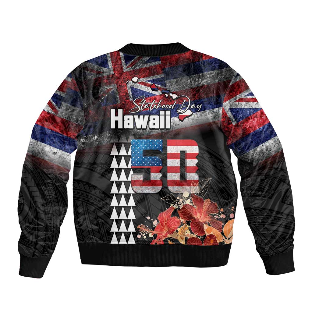 Hawaii Statehood Day Bomber Jacket 50th state of the United States Kakau Tattoos and Hibiscus Grunge - Polynesian Pride