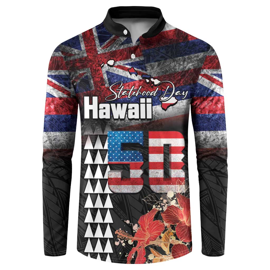 Hawaii Statehood Day Button Sweatshirt 50th state of the United States Kakau Tattoos and Hibiscus Grunge - Polynesian Pride