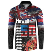 Hawaii Statehood Day Button Sweatshirt 50th state of the United States Kakau Tattoos and Hibiscus Grunge - Polynesian Pride