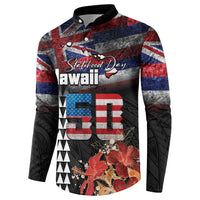 Hawaii Statehood Day Button Sweatshirt 50th state of the United States Kakau Tattoos and Hibiscus Grunge - Polynesian Pride