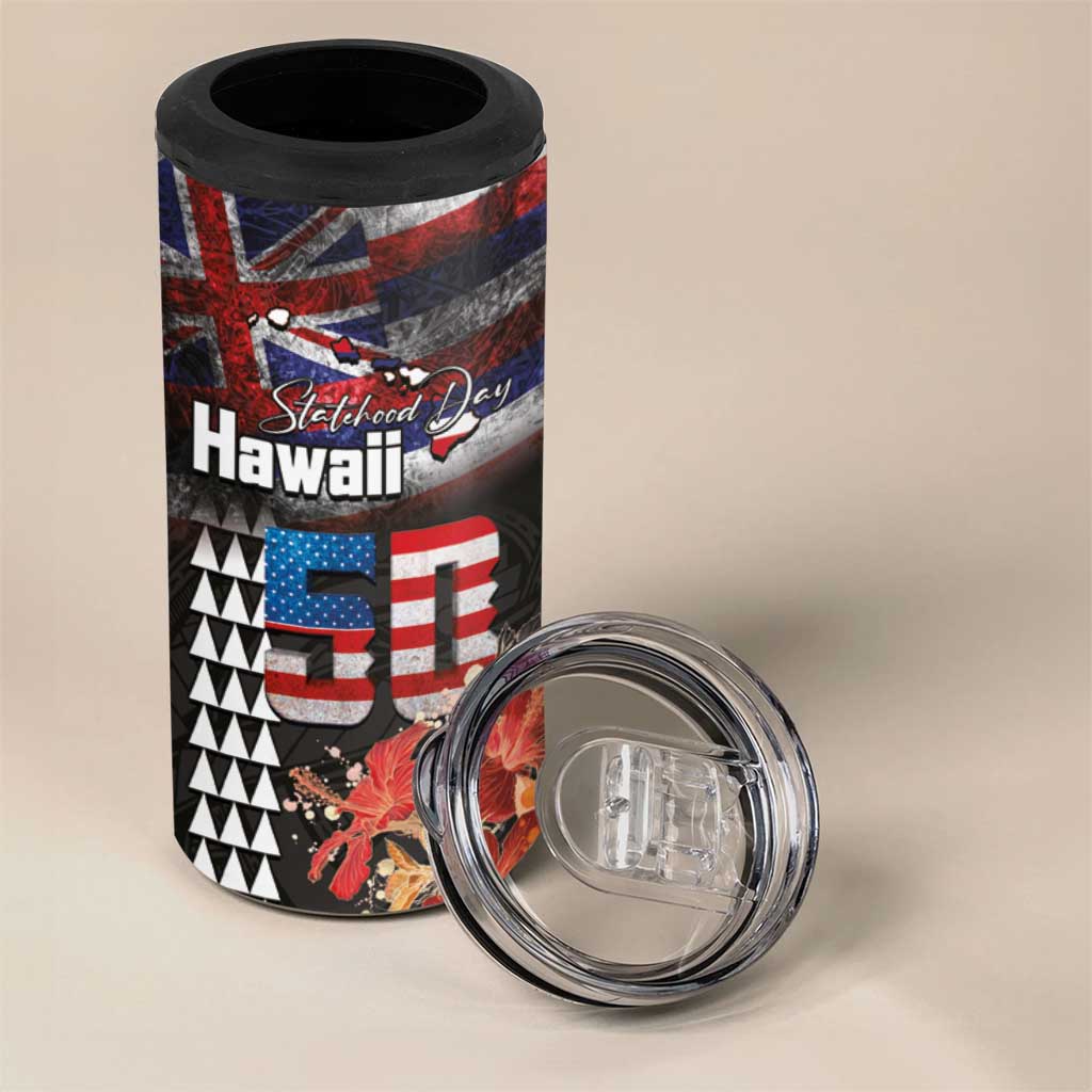 Hawaii Statehood Day 4 in 1 Can Cooler Tumbler 50th state of the United States Kakau Tattoos and Hibiscus Grunge - Polynesian Pride