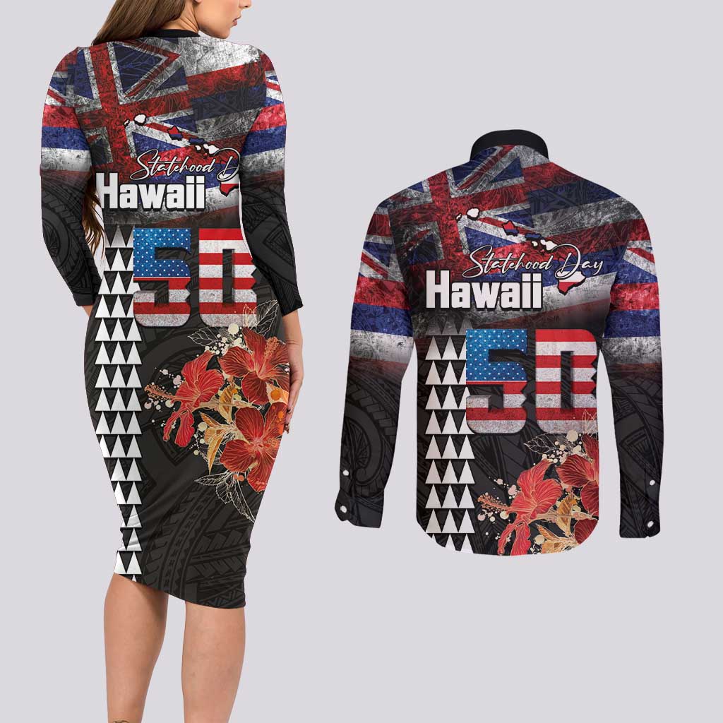 Hawaii Statehood Day Couples Matching Long Sleeve Bodycon Dress and Long Sleeve Button Shirt 50th state of the United States Kakau Tattoos and Hibiscus Grunge - Polynesian Pride