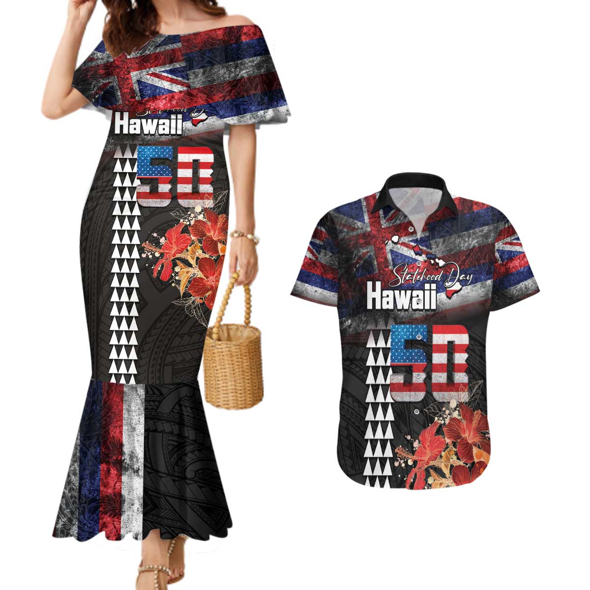 Hawaii Statehood Day Couples Matching Mermaid Dress and Hawaiian Shirt 50th state of the United States Kakau Tattoos and Hibiscus Grunge - Polynesian Pride