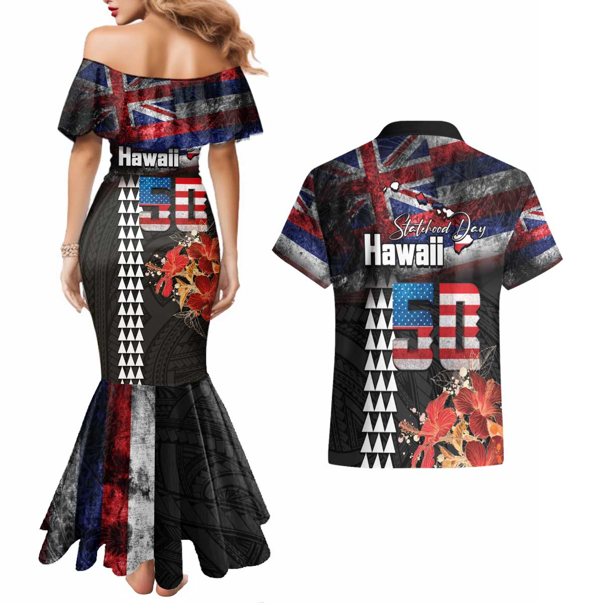 Hawaii Statehood Day Couples Matching Mermaid Dress and Hawaiian Shirt 50th state of the United States Kakau Tattoos and Hibiscus Grunge - Polynesian Pride
