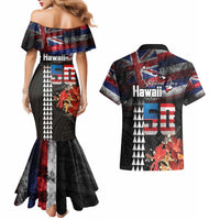 Hawaii Statehood Day Couples Matching Mermaid Dress and Hawaiian Shirt 50th state of the United States Kakau Tattoos and Hibiscus Grunge - Polynesian Pride