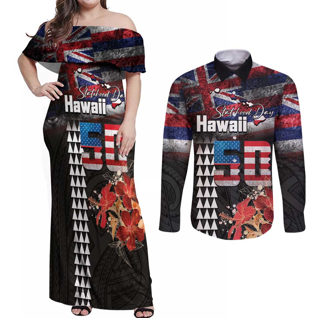 Hawaii Statehood Day Couples Matching Off Shoulder Maxi Dress and Long Sleeve Button Shirt 50th state of the United States Kakau Tattoos and Hibiscus Grunge - Polynesian Pride