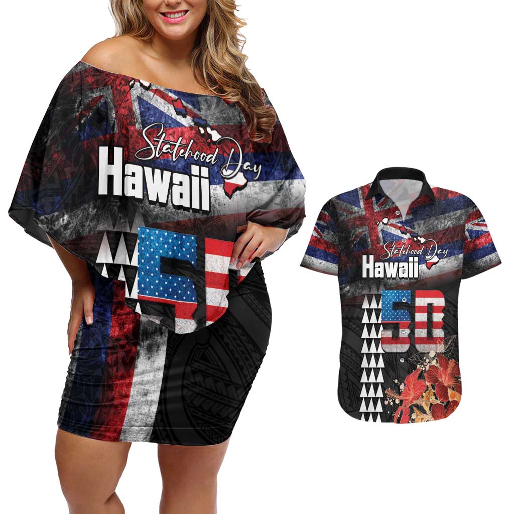 Hawaii Statehood Day Couples Matching Off Shoulder Short Dress and Hawaiian Shirt 50th state of the United States Kakau Tattoos and Hibiscus Grunge - Polynesian Pride