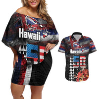 Hawaii Statehood Day Couples Matching Off Shoulder Short Dress and Hawaiian Shirt 50th state of the United States Kakau Tattoos and Hibiscus Grunge - Polynesian Pride