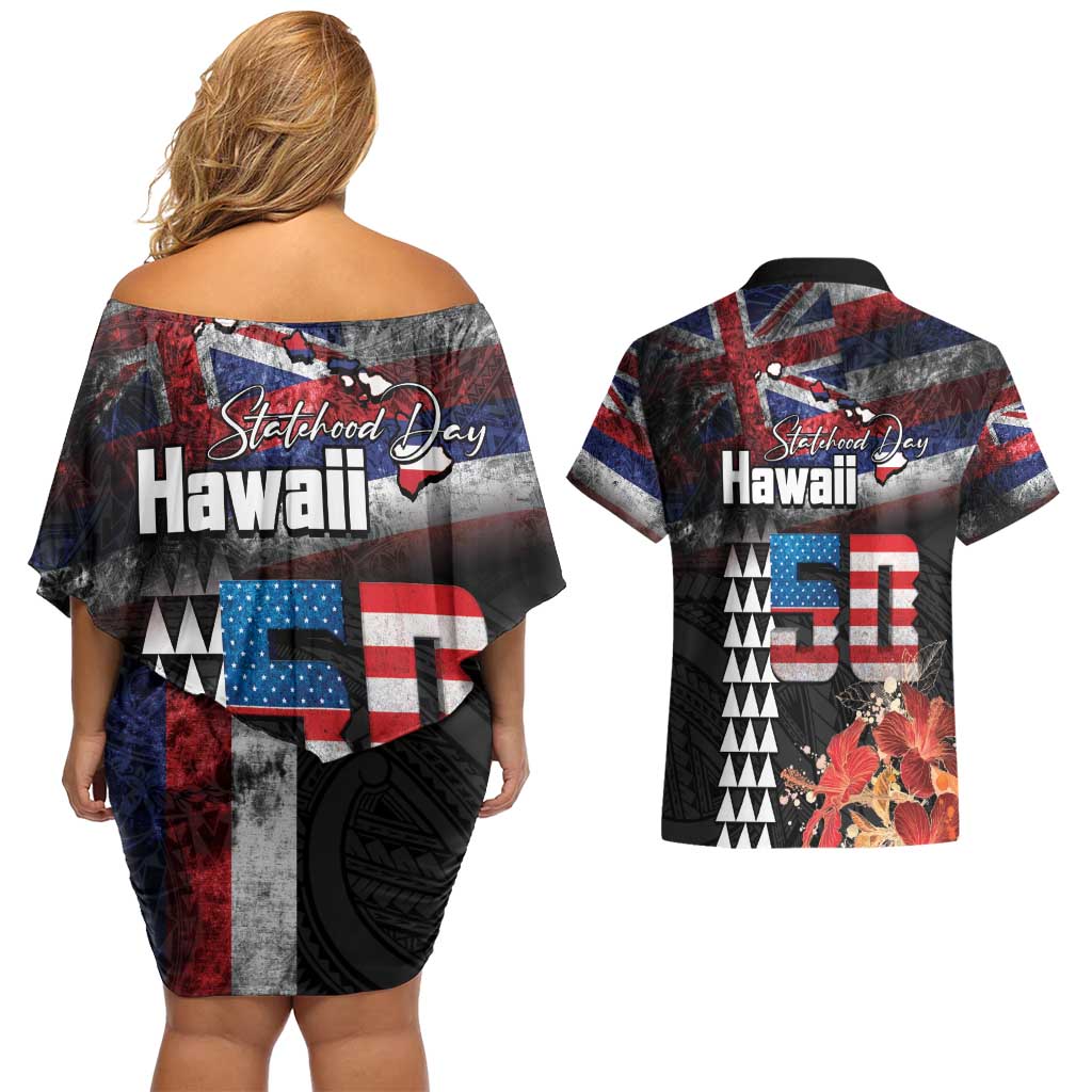 Hawaii Statehood Day Couples Matching Off Shoulder Short Dress and Hawaiian Shirt 50th state of the United States Kakau Tattoos and Hibiscus Grunge - Polynesian Pride