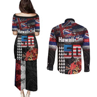Hawaii Statehood Day Couples Matching Puletasi and Long Sleeve Button Shirt 50th state of the United States Kakau Tattoos and Hibiscus Grunge - Polynesian Pride