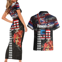 Hawaii Statehood Day Couples Matching Short Sleeve Bodycon Dress and Hawaiian Shirt 50th state of the United States Kakau Tattoos and Hibiscus Grunge - Polynesian Pride