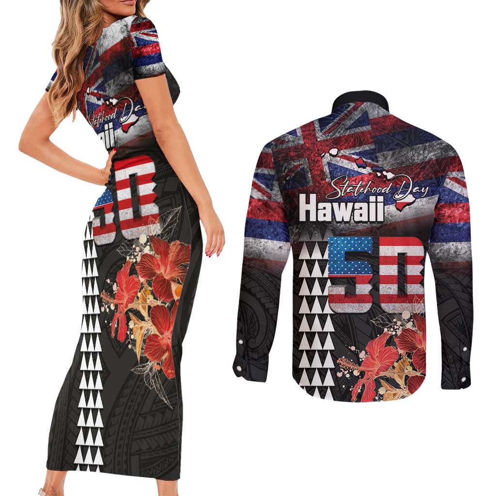 Hawaii Statehood Day Couples Matching Short Sleeve Bodycon Dress and Long Sleeve Button Shirt 50th state of the United States Kakau Tattoos and Hibiscus Grunge - Polynesian Pride