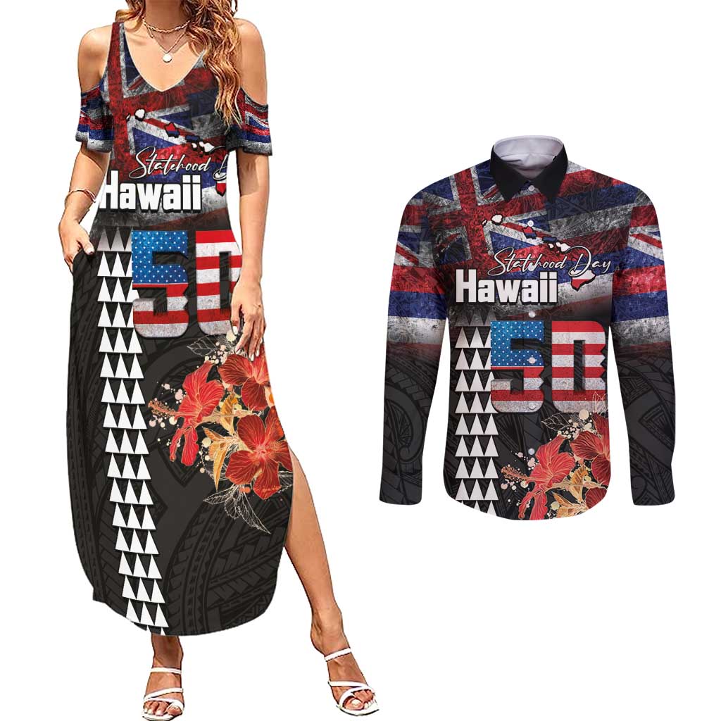 Hawaii Statehood Day Couples Matching Summer Maxi Dress and Long Sleeve Button Shirt 50th state of the United States Kakau Tattoos and Hibiscus Grunge - Polynesian Pride