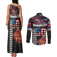 Hawaii Statehood Day Couples Matching Tank Maxi Dress and Long Sleeve Button Shirt 50th state of the United States Kakau Tattoos and Hibiscus Grunge - Polynesian Pride