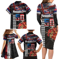 Hawaii Statehood Day Family Matching Long Sleeve Bodycon Dress and Hawaiian Shirt 50th state of the United States Kakau Tattoos and Hibiscus Grunge - Polynesian Pride