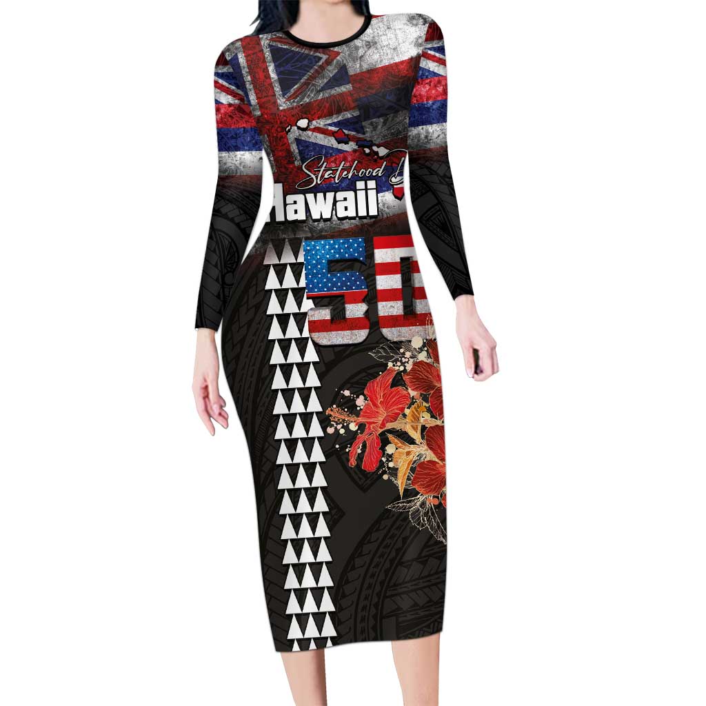 Hawaii Statehood Day Family Matching Long Sleeve Bodycon Dress and Hawaiian Shirt 50th state of the United States Kakau Tattoos and Hibiscus Grunge - Polynesian Pride