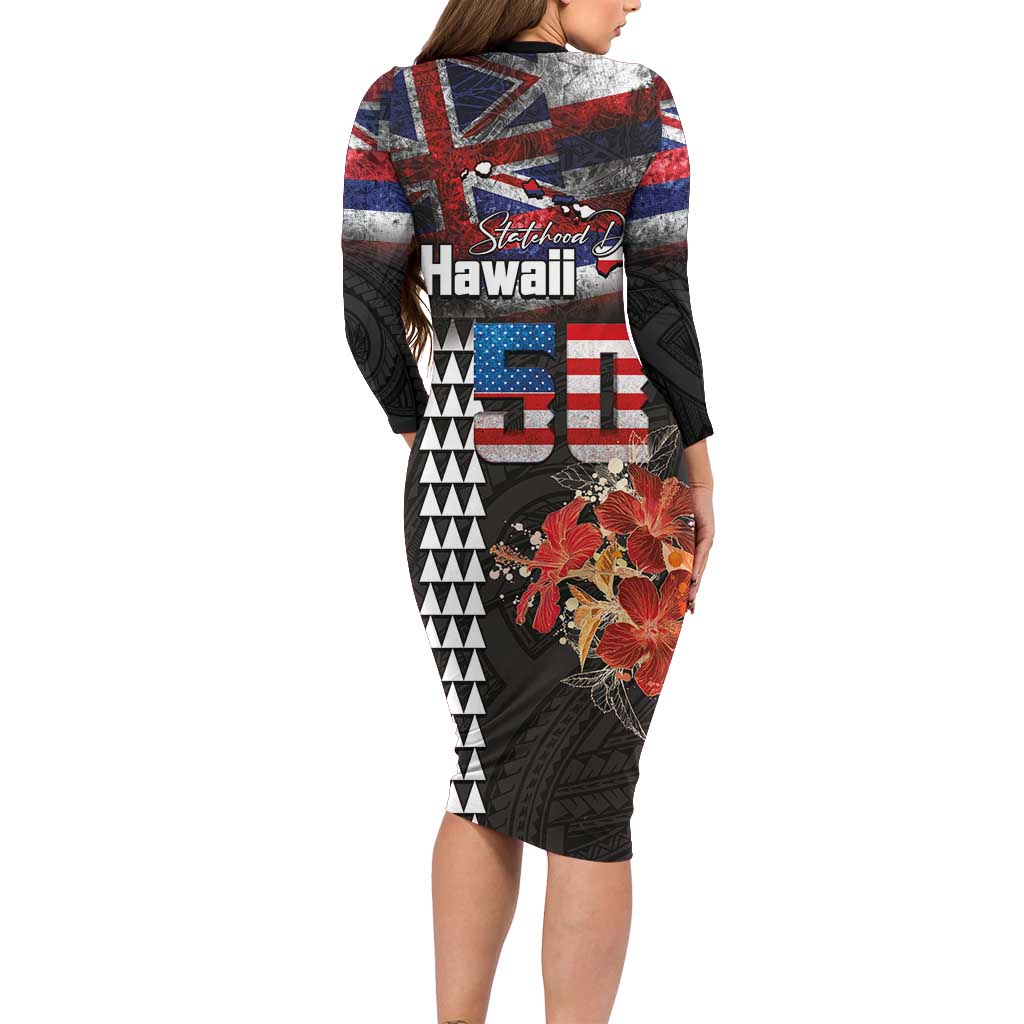 Hawaii Statehood Day Family Matching Long Sleeve Bodycon Dress and Hawaiian Shirt 50th state of the United States Kakau Tattoos and Hibiscus Grunge - Polynesian Pride