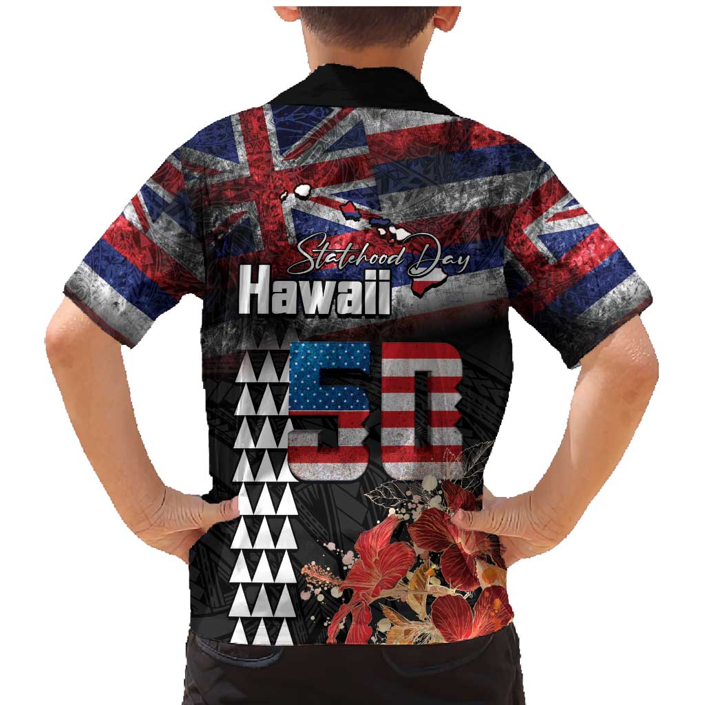 Hawaii Statehood Day Family Matching Mermaid Dress and Hawaiian Shirt 50th state of the United States Kakau Tattoos and Hibiscus Grunge - Polynesian Pride