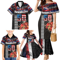 Hawaii Statehood Day Family Matching Mermaid Dress and Hawaiian Shirt 50th state of the United States Kakau Tattoos and Hibiscus Grunge - Polynesian Pride