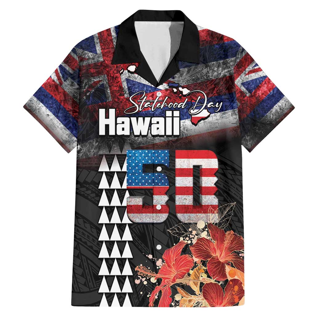 Hawaii Statehood Day Family Matching Mermaid Dress and Hawaiian Shirt 50th state of the United States Kakau Tattoos and Hibiscus Grunge - Polynesian Pride